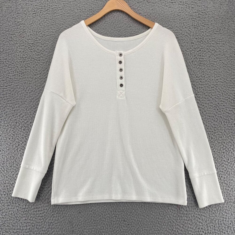 Shirt Womens Small White Henley Waffle Knit Long Sleeve Stretch Pullover Casual